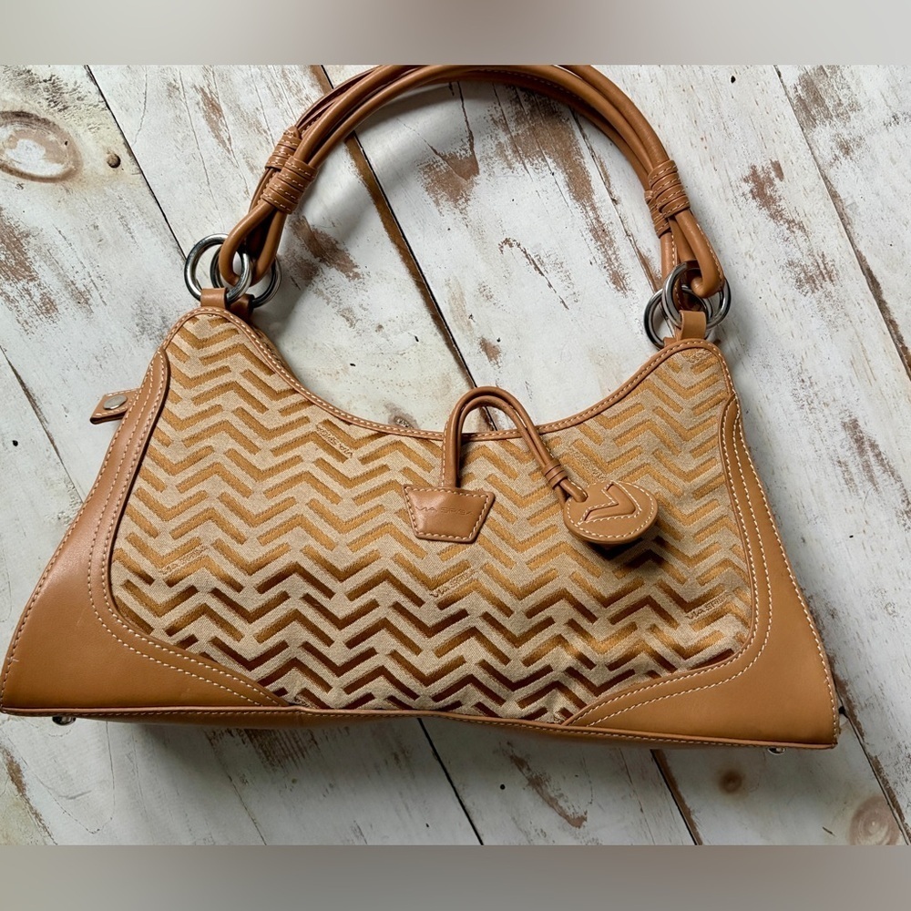 VIA SPIGA baguette bag, vintage Y2K hobo shoulder purse camel canvas leather EUC